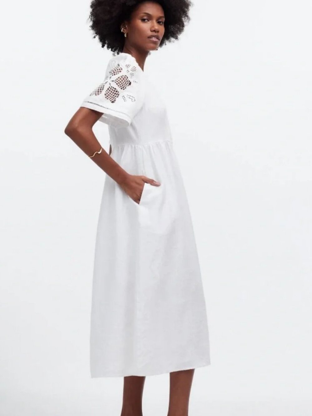 🤍 Madewell White Linen Midi Dress M 🌿 Cottagecore Embroidered Sleeve Boho - Picture 10 of 13